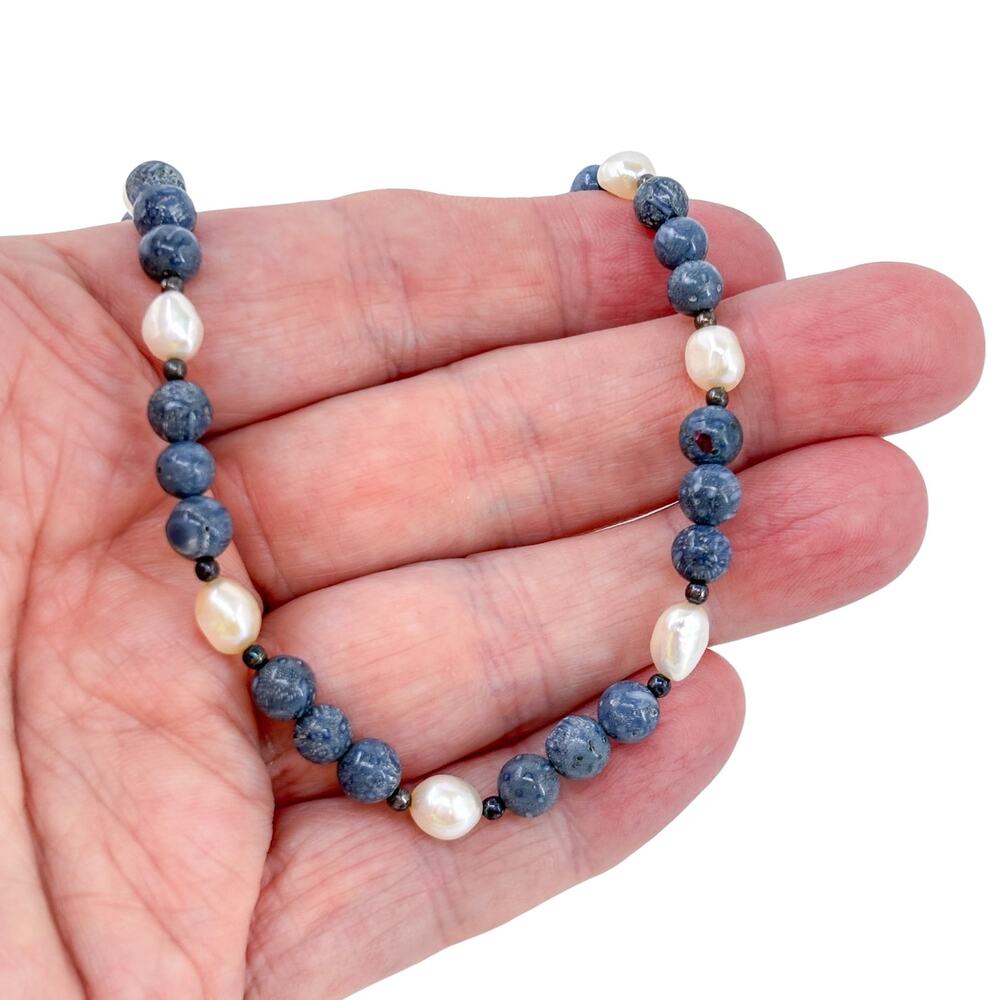 Vintage Sterling Silver 925 Blue Kyanite & Pearl Beaded Necklace 18”